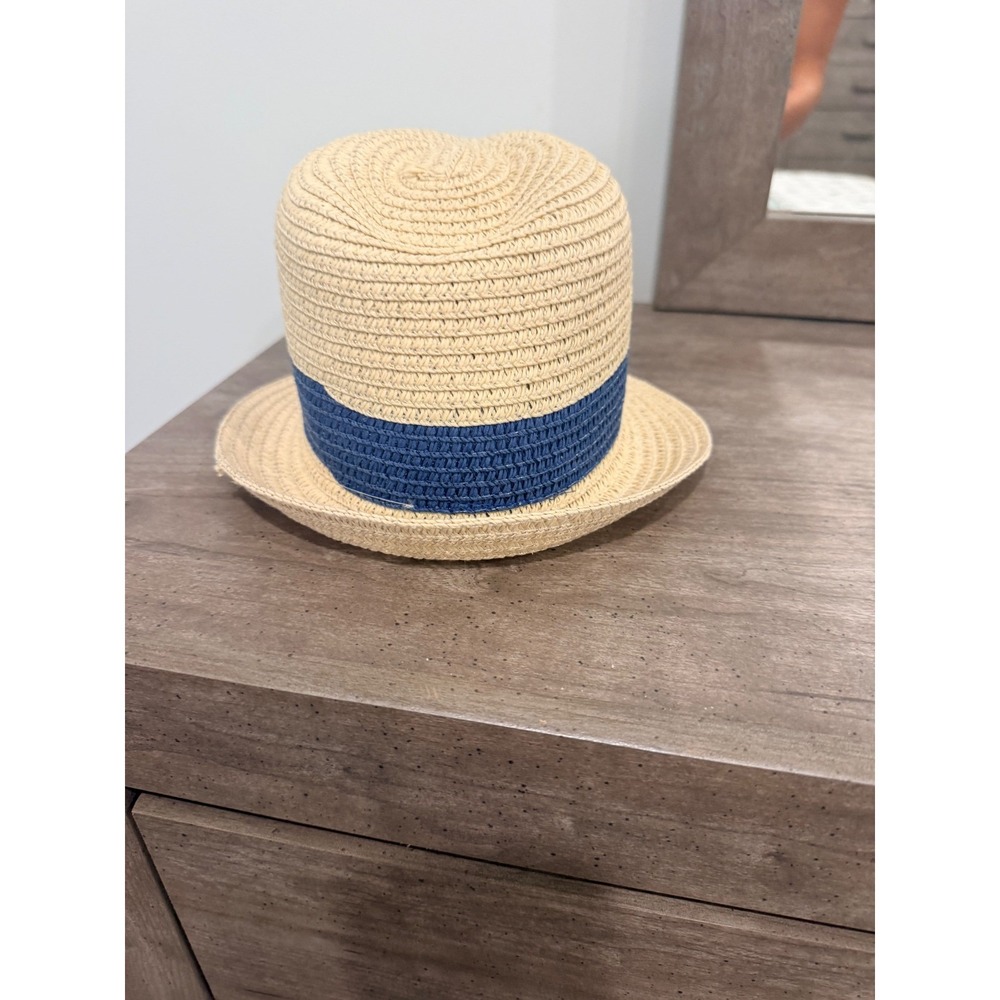 Kids Straw Fedora Hat‎ Tan Woven Sun Hat with Blue Contrast Band